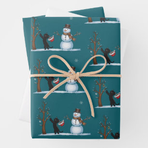 Feuille De Papier Cadeau Joli bonhomme de neige de Noël Chats Amoureux Xmas