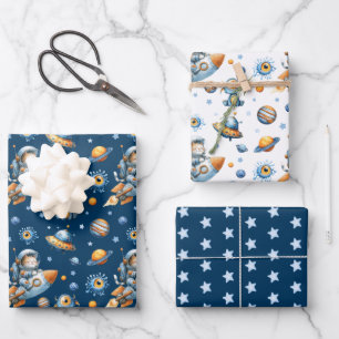 Feuille De Papier Cadeau Joli Chat Astronaute Motif Galaxie Bleu Nuit Espac
