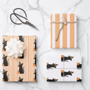 Feuille De Papier Cadeau Joli chat noir d'Halloween avec chapeau de sorcièr