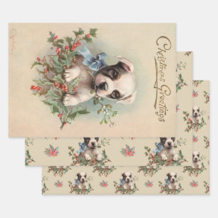 Feuille De Papier Cadeau Joli chiot Dusty Beige Vintage Noël Motif