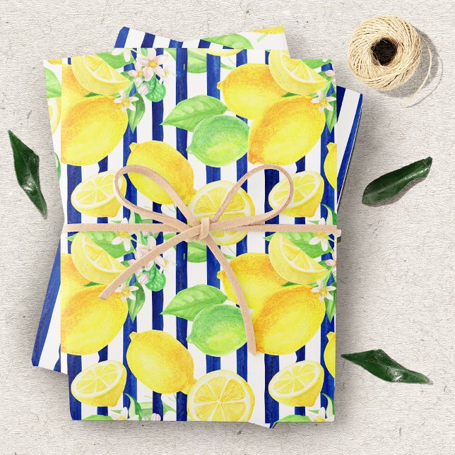 Feuille De Papier Cadeau Joli citrons aquarelle et bandes bleues (Créateur téléchargé)