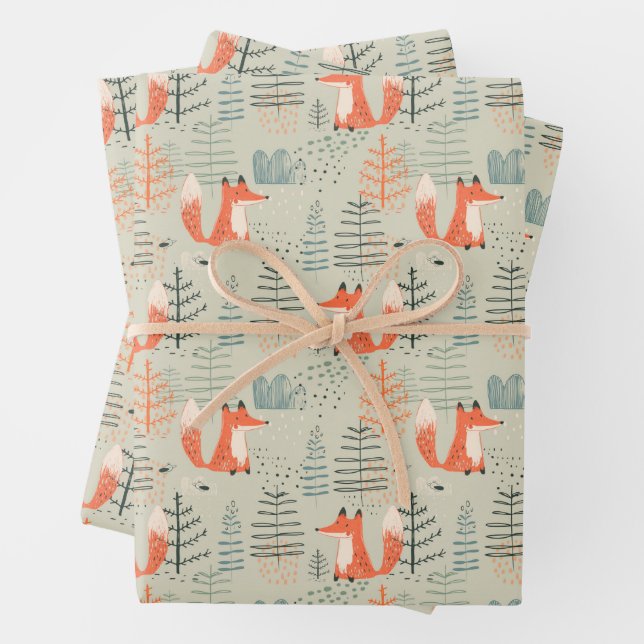 Feuille De Papier Cadeau Joli Doodle Fox Forest Motif de bois (En situation)