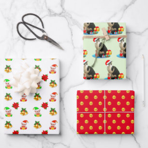 Feuille De Papier Cadeau Joli elfe, cloches, chat de Noël et pois dorés