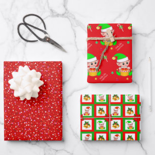 Feuille De Papier Cadeau Joli elfe de Noël et cloches sur fond vert et roug