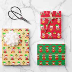 Feuille De Papier Cadeau Joli elfe de Noël sur fond beige doré, vert et rou