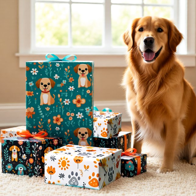 Feuille De Papier Cadeau Joli ensemble de fleurs de chiot de 3 (Cute Puppy and Flowers Modern Whimsical Wrapping Paper Sheets)