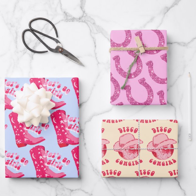 Feuille De Papier Cadeau Joli Fer à Cheval de Vachère Disco Rose Bleu Beige (Recto)