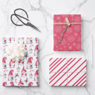 Feuille De Papier Cadeau Joli Gnome de Noël Flocons de Neige Rayures Assort