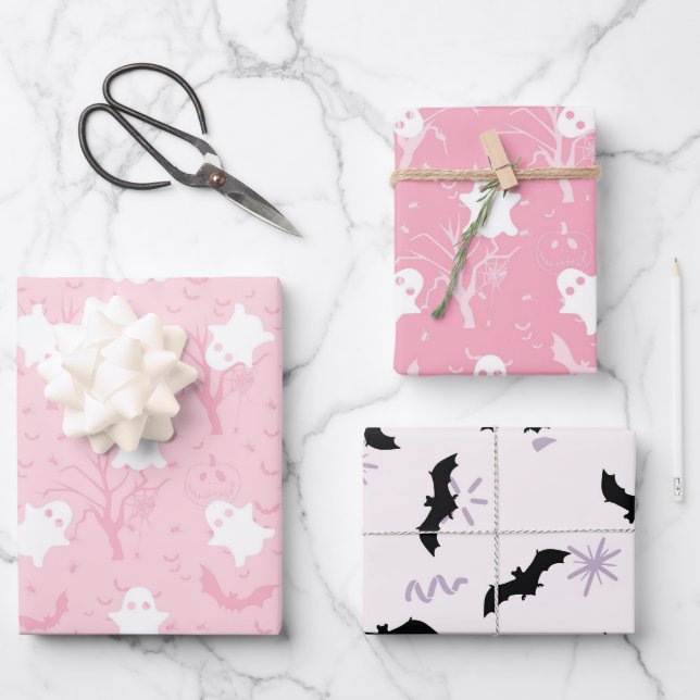 Feuille De Papier Cadeau Joli halloween fantôme rose et chauve-souris (Recto)