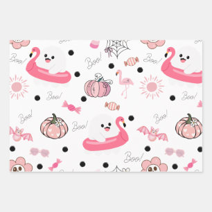 Feuille De Papier Cadeau Joli Halloween tropical - Fantômes roses et flaman