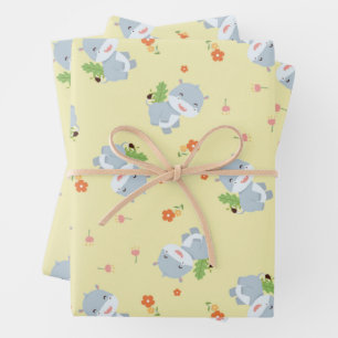 Feuille De Papier Cadeau Joli hippo joyeux avec des fleurs jaune
