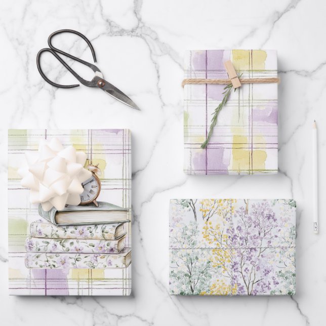 Feuille De Papier Cadeau Joli horloge anniversaire à fleurs jaunes violette (Recto)