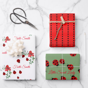 Feuille De Papier Cadeau Joli Ladybugs rouge et noir   Fleurs aquarelles