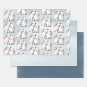 Feuille De Papier Cadeau Joli lapin blanc lapin bleu hiver Noël