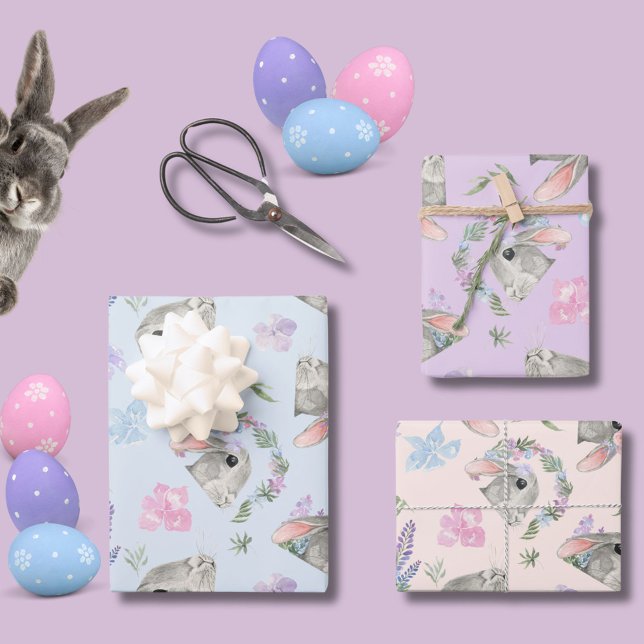 Feuille De Papier Cadeau Joli Lapins Curieux Floral Pastel Rose Bleu Lilac (Créateur téléchargé)