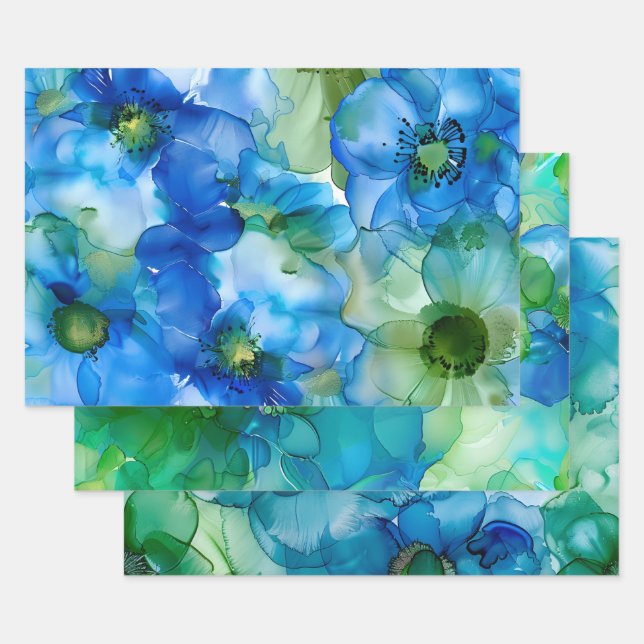 Feuille De Papier Cadeau Joli Liquide `Fleurs d'Encre Fluide Bleu & Vert (Lot)