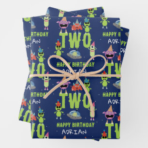 Feuille De Papier Cadeau Joli Monstre Alien Espace Enfants Anniversaire Nom