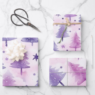 Feuille De Papier Cadeau Joli Motif d'arbre d'aquarelle violet