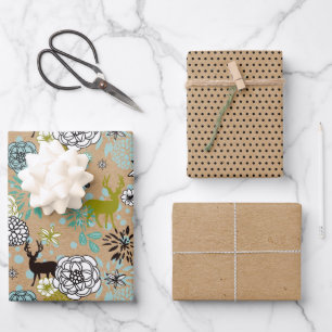 Feuille De Papier Cadeau Joli motif d'art floral et de cerf bleu sarcelle v