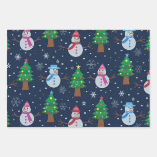 Feuille De Papier Cadeau Joli motif de bonhomme de neige avec des sapins de