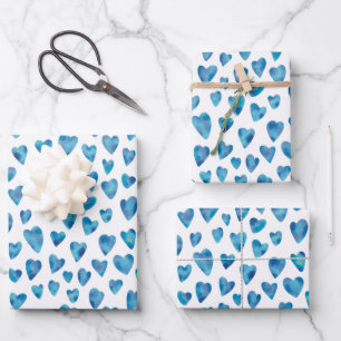 Feuille De Papier Cadeau Joli motif de cœur d'amour à l'aquarelle bleue