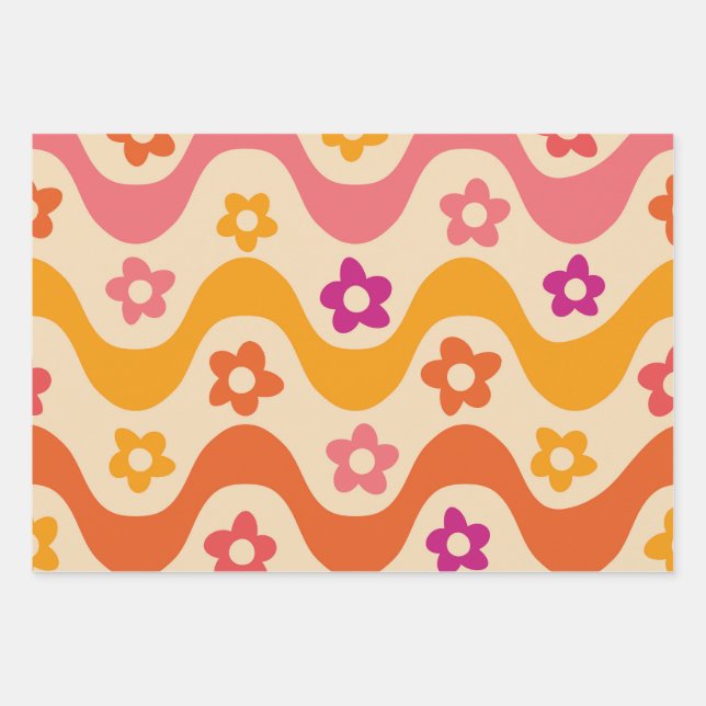 Feuille De Papier Cadeau Joli motif de fleurs groovy sur des vagues rétro  (Devant 3)