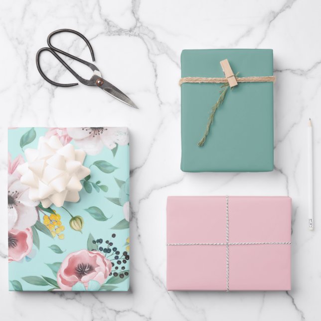 Feuille De Papier Cadeau Joli Motif de fleurs vert rose (Recto)