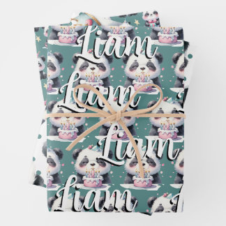 Feuille De Papier Cadeau Joli motif de panda garçon d'anniversaire vert