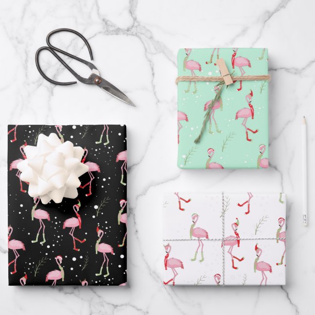 Feuille De Papier Cadeau Joli motif flamant rose Noël (Recto)