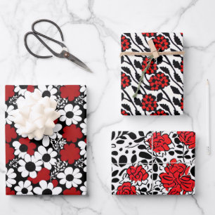 Feuille De Papier Cadeau Joli motif floral en rouge, noir et blanc