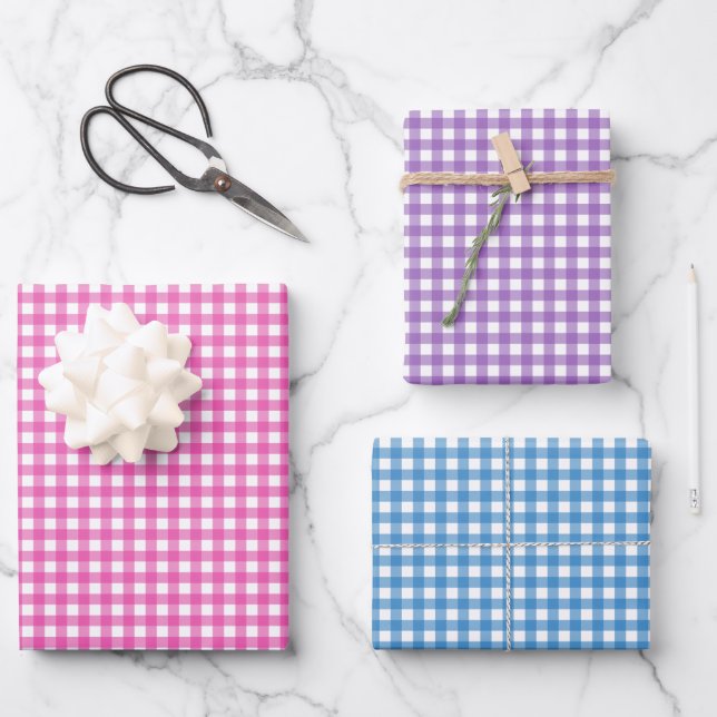 Feuille De Papier Cadeau Joli motif gingham rose bleu violet (Recto)