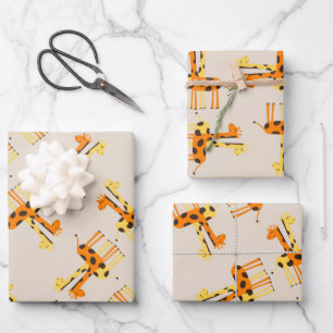 Feuille De Papier Cadeau Joli motif girafe orange et jaune