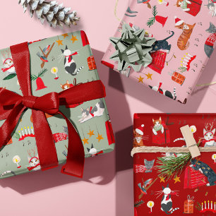 Feuille De Papier Cadeau Joli motif rétro rose rouge vert de Noël Chat mign