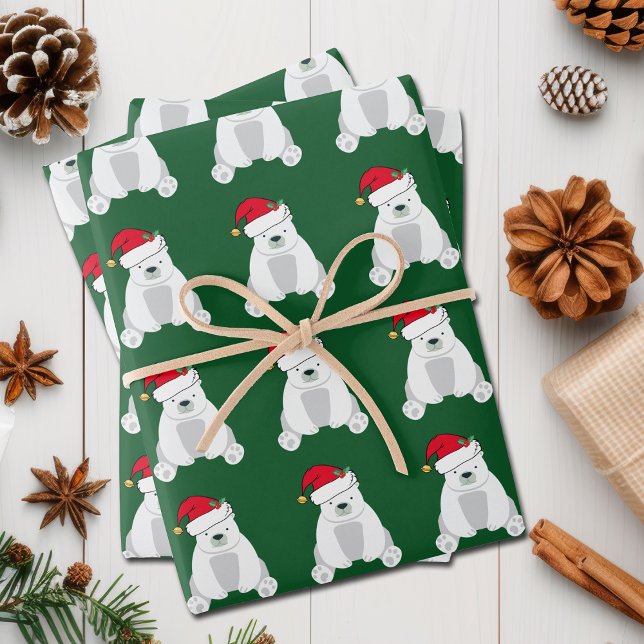 Feuille De Papier Cadeau Joli Noël Polaire Ours Père Noël Chapeau Vert Enfa (Créateur téléchargé)