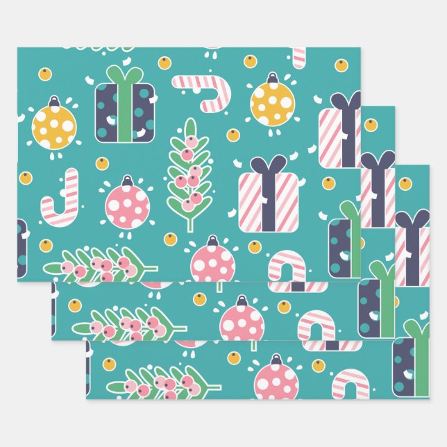 Feuille De Papier Cadeau Joli Noël rose et jaune Turquoise (Lot)