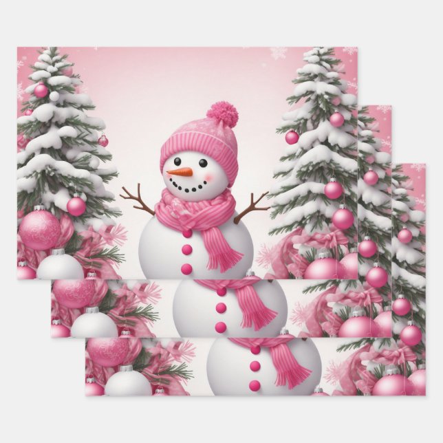 Feuille De Papier Cadeau Joli Noël Rose Snowman & Trees (Lot)