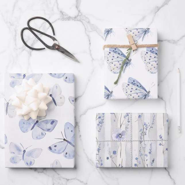 Feuille De Papier Cadeau Joli Papillons blancs violets Anniversaire (Recto)