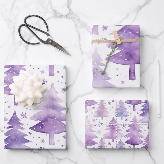Feuille De Papier Cadeau Joli Pastel Purple Aquarelle Arbre Motif (Recto)