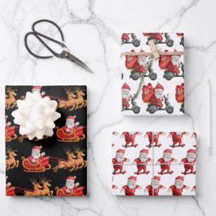 Feuille De Papier Cadeau Joli Père Noël drôle planche à roulettes scooter