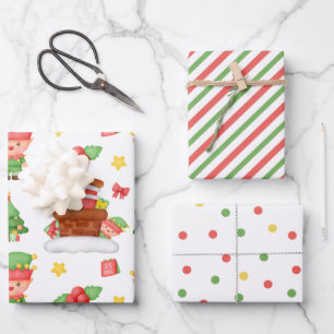 Feuille De Papier Cadeau Joli Père Noël Elf Stripes hiver Berry Noël