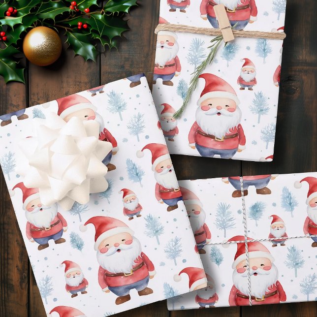 Feuille De Papier Cadeau Joli Père Noël en aquarelle Illustration Noël (Cute Santa in Watercolor Illustration Christmas Wrapping Paper Sheets)