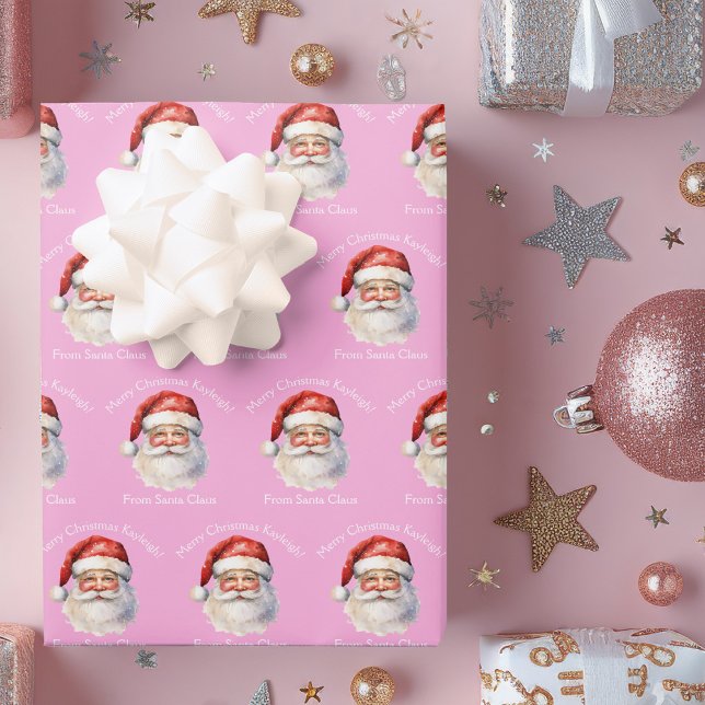 Feuille De Papier Cadeau Joli Père Noël Rose Personnalisé Filles Noël (Créateur téléchargé)