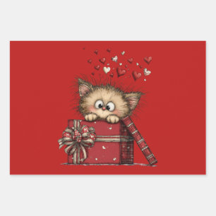 Feuille De Papier Cadeau Joli petit chaton de dessin animé dans une boîte a
