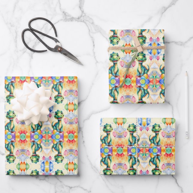 Feuille De Papier Cadeau Joli petit dinosaure avec beaucoup de ballons colo (Recto)