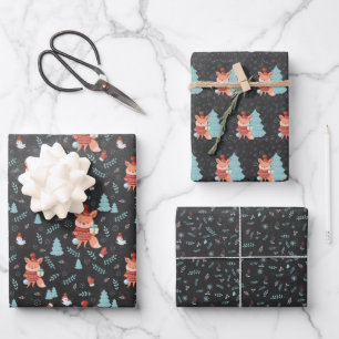 Feuille De Papier Cadeau Joli renard des bois Noël noir
