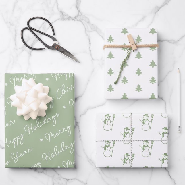 Feuille De Papier Cadeau Joli Sage Vert Snowman arbres de Noël (Recto)