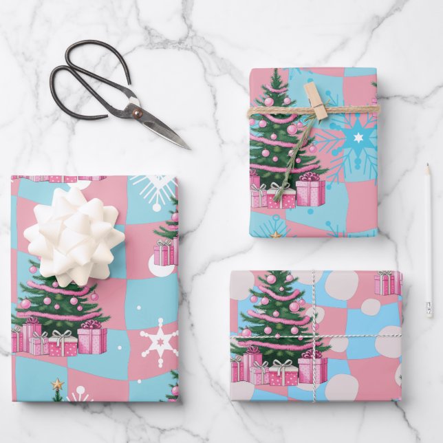Feuille De Papier Cadeau Joli sapin de Noël rose (Recto)