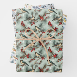 Feuille De Papier Cadeau Joli Vintage Bird & Red Berry Motif de Noël