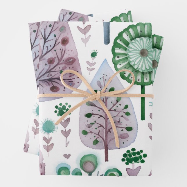 Feuille De Papier Cadeau Jolie aquarelle Noël Arbre pourpre vert (En situation)
