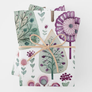 Feuille De Papier Cadeau Jolie aquarelle Noël Arbre rose Vert